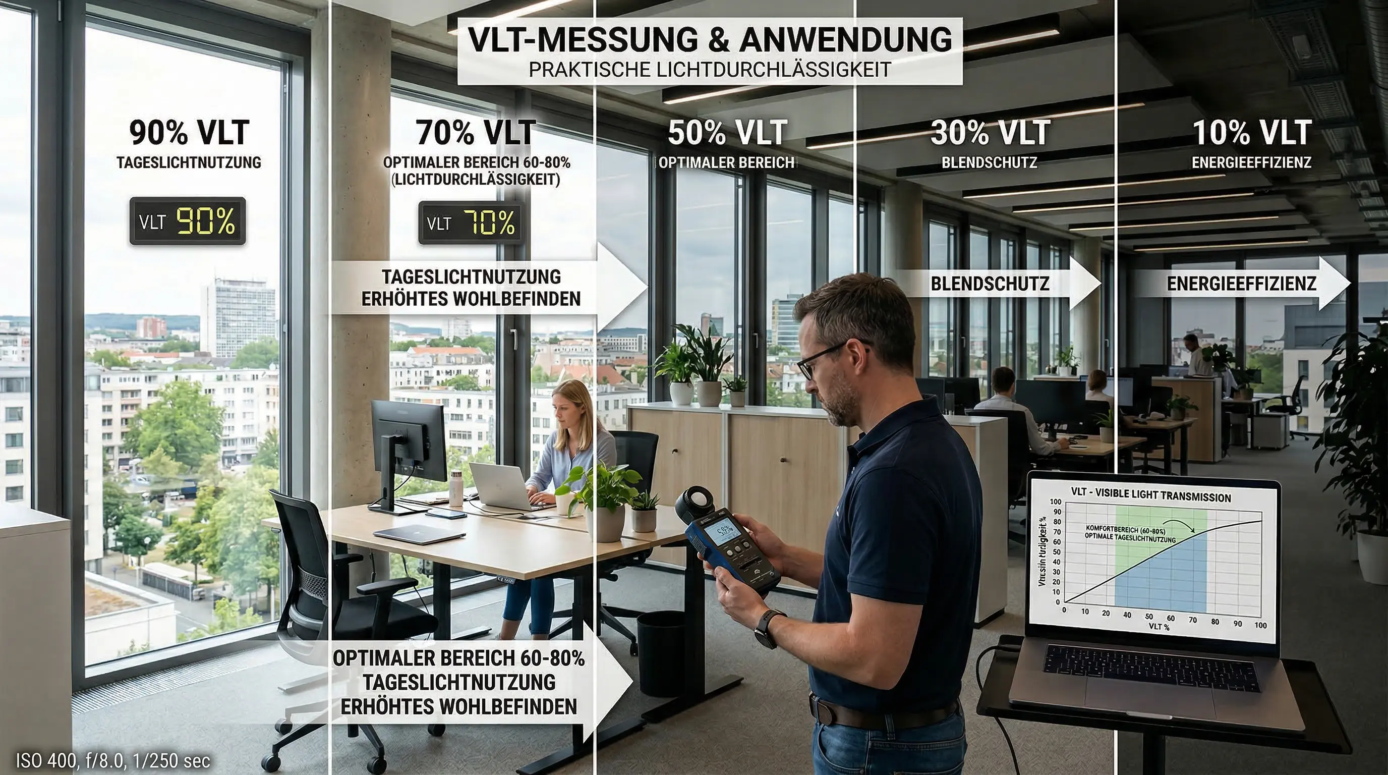 Bild vergrößern Hitzereduktion TSER – VLT-Messung im Büro mit Energieeffizienz-Werten