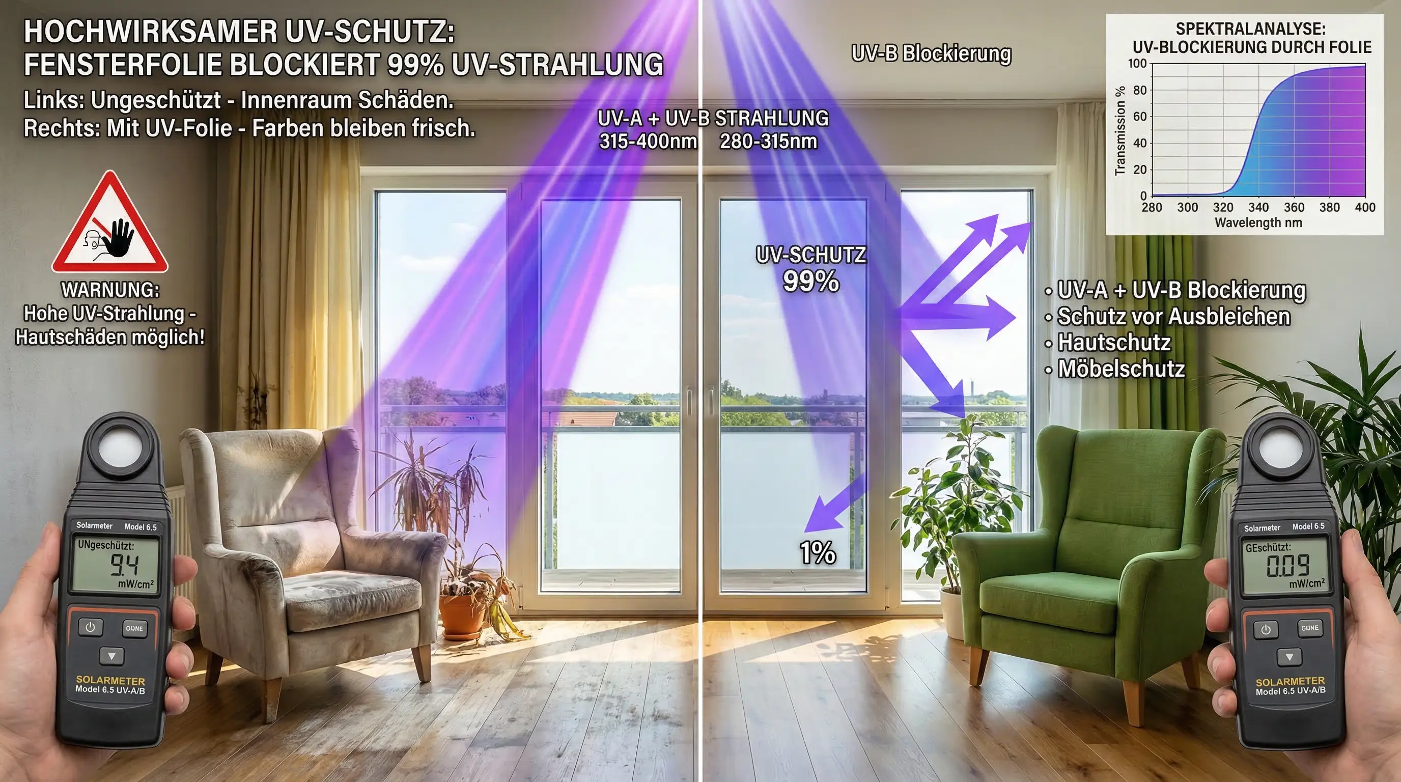 Bild vergrößern Fensterfolie blockiert 99% UV-Strahlung – Vorher/Nachher Vergleich